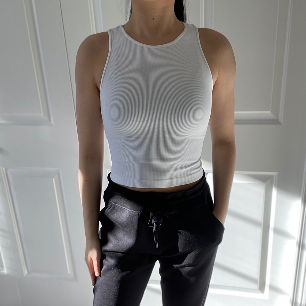 EVERYDAY - White OS High Neck Ribbed Casual Basic Crop Tank Top